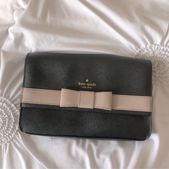 KATE SPADE NEW YORK ♠️ pink black bow crossbody shoulder bag saffiano leather - Picture 2 of 6